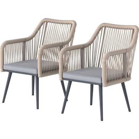 Chaises jardin gris clair métal 120 kg avec coussins et accoudoirs lot de 2