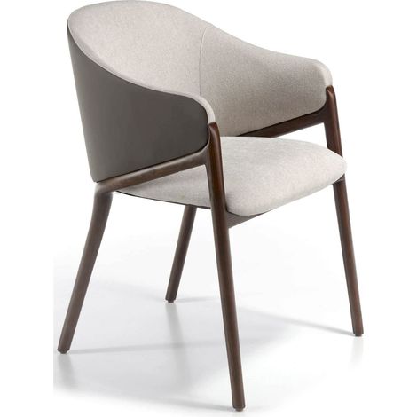Chaise rembourrée tissu pieds bois massif - Noyer, beige (1/5)