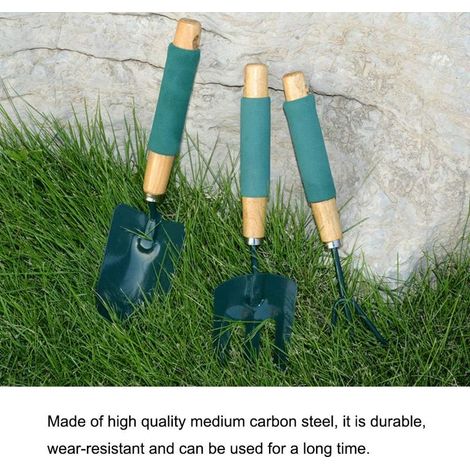 Ensemble de 3 petits outils de jardin robustes : 1 tousse de jardinage, 1 râteau à griffes, 1 fourche à planter avec manche en bois. Ensemble d’outils ergonomiques en métal pour bonsaï, idéal pour le (1/5)
