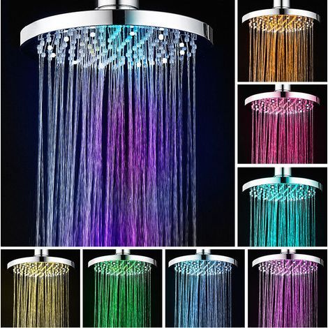 Pommeau de Douche LED, 20CM Pomme de Douche Lumineux, Pomme de Douche Couleur, LED Douchette avec 7 Couleurs, Ronde LED Tête de Douche Pluie, LED Pommeau Lumineux, Universel G1/2”