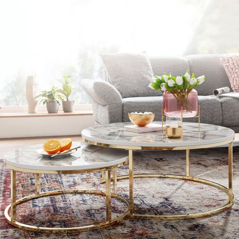 Lot de 2 tables basses 80 et 60 cm aspect marbre blanc et acier doré (1/5)
