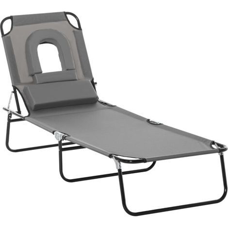 Transat avec ouverture pour le visage et coussin, pliable, housse déperlante, structure en métal, gris foncé (1/5)