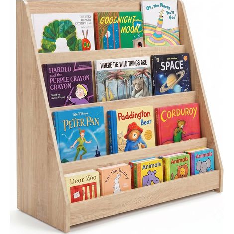Libreria Montessoriana per Bambini in Legno con 4 Ripiani Frontali, Mobile Porta Libri per Cameretta e Sala Giochi (Rovere) (1/4)