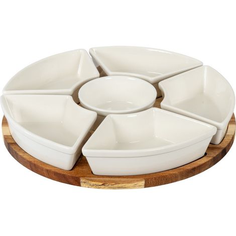 Acacia Lazy Susan Serving Board including Ceramic Serving Bowls - L29 x W29 x H4 cm - Brown