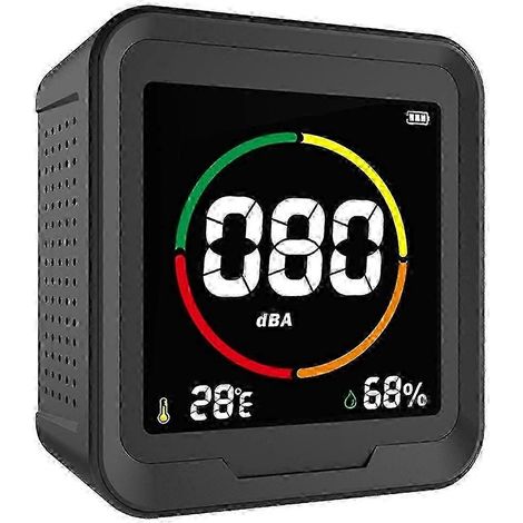 Sonomètre portable avec affichage LED, capable de mesurer le niveau sonore, la température, l'humidité et de surveiller le bruit.