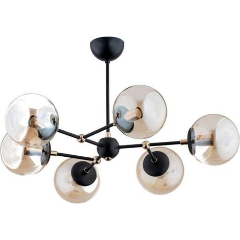Alfa ITORIS Modern 6-Light Chandelier Ceiling Pendant, Black Frame with Amber Glass Shades, E14 Max 60W, Dimmable IP20, 70cm Diameter x 45cm Height for Living Room Dining (1/2)