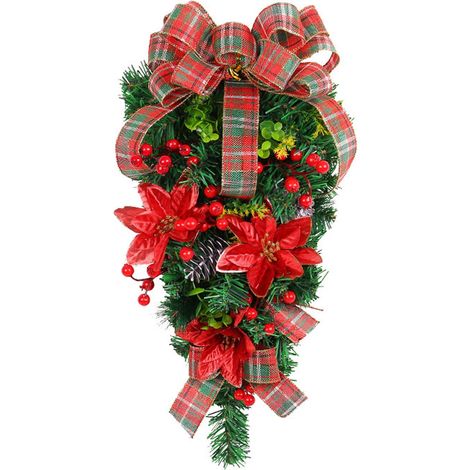 Guirlande De Noël - Couronne En Forme De Goutte - Feuillage Vert Artificiel - Pour Porte D'Entrée Fenêtre Ou Mur - 50 X 25 Cm - 1 Pièce (1/5)