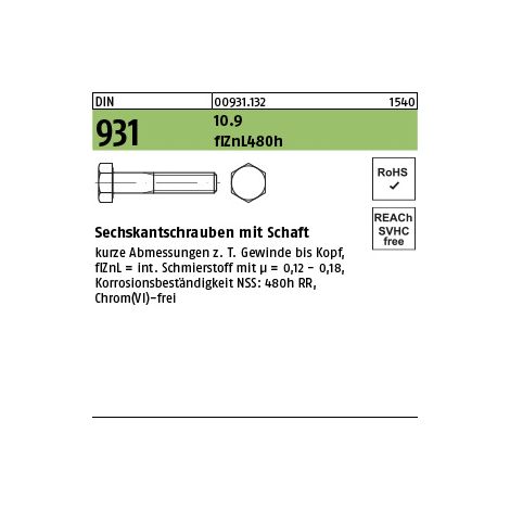 Sechskantschraube DIN 931 Schaft M20x 340 10.9 flZnL/nc/x/x/480h/C 1 Stück (1/3)