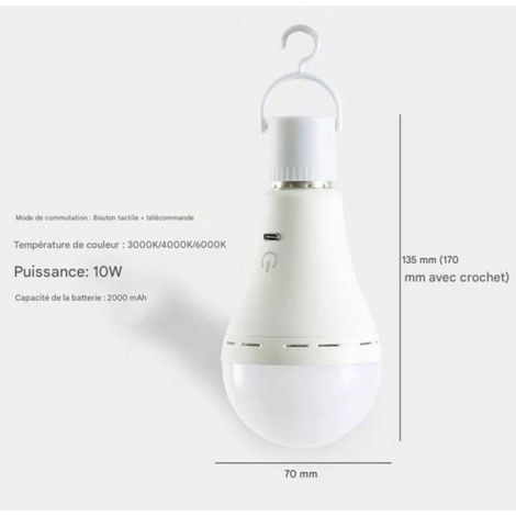 Lot de 2 ampoules E27 rechargeables USB, télécommande, dimmable 3 couleurs, avec minuterie. (1/5)