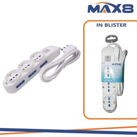 Max8, Multipresa 4 Universali, 6 Bipasso 10-16A, Interruttore Luminoso, Cavo 1.5m, Bianca
