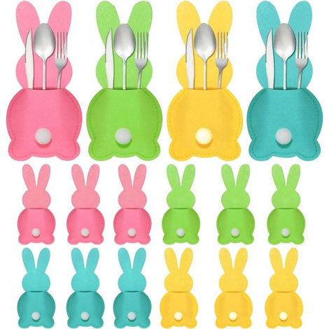 Organisateur de table 16 pièces - Décoration de Pâques - Forme de lapin - Décoration de table - Service de table - Sac de rangement pour vaisselle - Couleurs variées - 15 x 7 x 0,2 cm - Feutre - Coule (1/5)