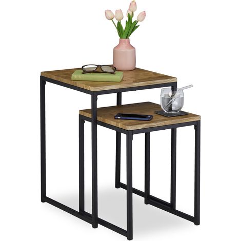 Relaxdays Set of 2 Side Tables, Nesting, Industrial Design, 2 Sizes, Coffee Table, Square, Metal, Wood Effect/Black