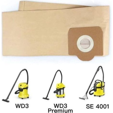 5 bolsas para aspiradora vertical Karcher WD3, WD 3 Premium, WD3200, WD3500P, A2204, A2204, A2534, SE4001, KAR69591300 (1/3)