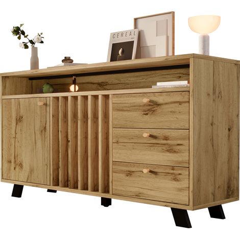 Buffet commode avec 3 tiroirs et 2 portes, meuble de rangement avec niche ouverte et façade à lattes style vintage pour salon, salle à manger, couloir et entrée, chêne foncé 120B x 40T x 85H cm