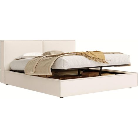 Cama abatible 180 x 200 cm con somier, cabecero acolchado, lino beige DESVIAE (1/5)