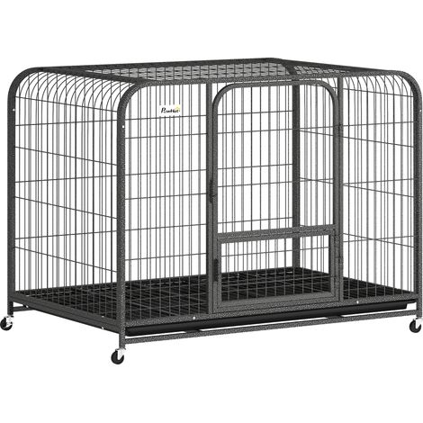 PawHut Heavy Duty Dog Crate, Large Dog Cage with Wheels and Tray