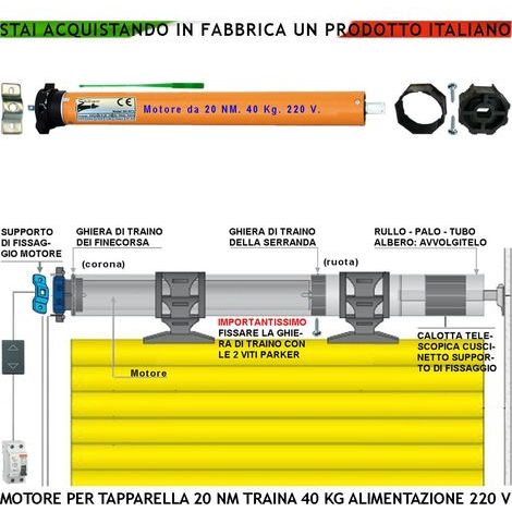 Tapparella Elettrica Motore 230 V 140 W Potenza di Traino 20 Nm Circa 40 KG Blocco Sollevamento Telo Fine Corsa Regolabili Accessori Meccanici x Tubo Ottagonale Diametro 60 mm Protezione Termica 135° (1/5)