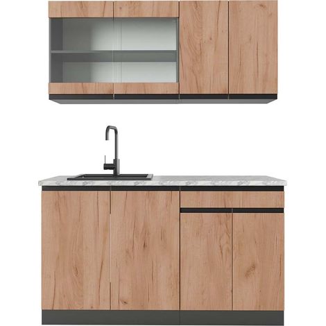 Cocina versátil R-Line, Oro power roble/antracita, 140 cm , ET Mármol, Vicco
