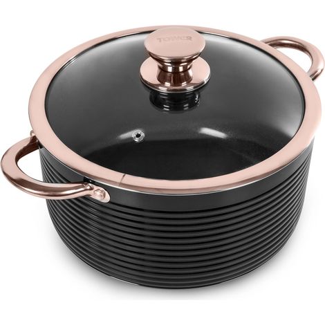 Tower T800002RB Casserole Dish with Lid, Linear Collection with Easy Clean Non-Stick Ceramic Coating, Aluminium, Black and Rose Gold, 4 Litres (1/5)