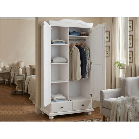 Dmora Armario de dos puertas con dos cajones acabado pino macizo, color blanco, 104 x 200 x 56 cm., con embalaje reforzado (1/5)