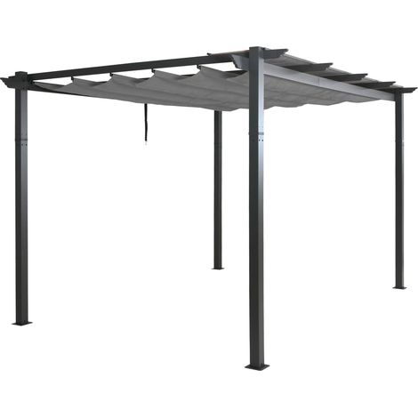 Pergola en aluminium et acier pavillon de jardin avec toit coulissant réglable protection UV50+ structure stable 3x4 m tissu gris 040009581