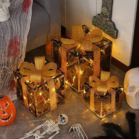 Halloween Gift Box 3-Piece Set with Lights, Decorative Pumpkin Lantern, Scene Setup, Illuminated Display Stand, Iron Art, 8-Function Waterproof Battery Box - Black and Gold Gift Box [Buyer to Assemble