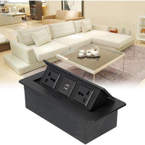 J29-Doppelpol-Multifunktionsstecker mit drei Steckdosen und zwei USB-Anschlüssen, langsam öffnend, schwarze Seite, 250 V (1/5)