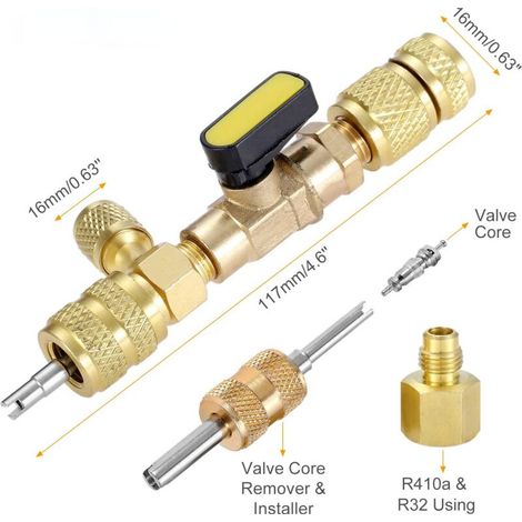 R410A R22 Ventileinsatz-Einbauwerkzeug mit zwei SAE 1/4 & 5/16-Zoll-Anschlüssen, für R410 R32 R22 R12 R407 R404 R600 Klimaanlagen, inklusive Ventileinsätzen und Ausbauwerkzeug (1/5)
