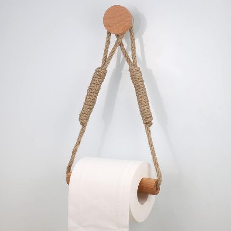 Porte-rouleau de papier toilette autocollant, porte-rouleau de papier toilette vintage avec corde en chanvre, porte-rouleau de papier toilette mural en bois (1/5)