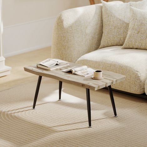 Gebogener Couchtisch, niedriger Tisch für moderne Wohnzimmer mit 4 cm dicker Tischplatte, Stahlbeinen, 100 x 50 x 45 cm, Eiche