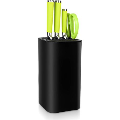 Universal black knife block without knives, equipped with specialized scissors and slots for sharpening tools to save space and facilitate cleaning (1/5)