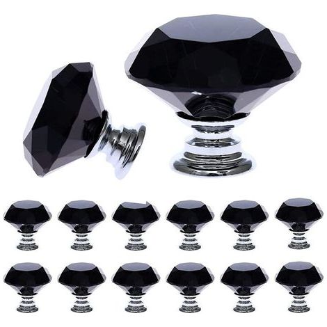 12 Pieces Black Crystal Glass Furniture Handles (30 mm), Furniture Knob with Size, Door Knob, Drawer Handle, Door Handle for Kitchen, Office, Bedroom, Cupboard