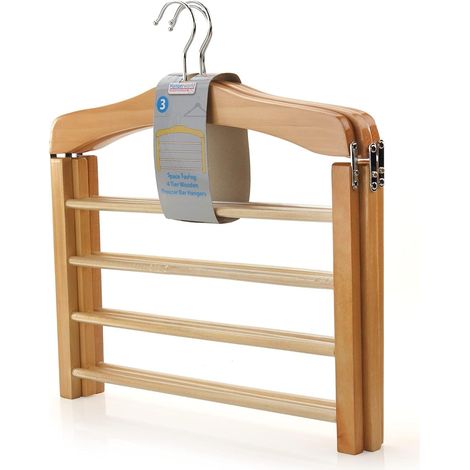 Lot de 3 Cintres en Bois 4 Niveaux - Organiseur Pantalon Antidérapant - Gain de Place Armoire - 38x35 cm Naturel (1/5)