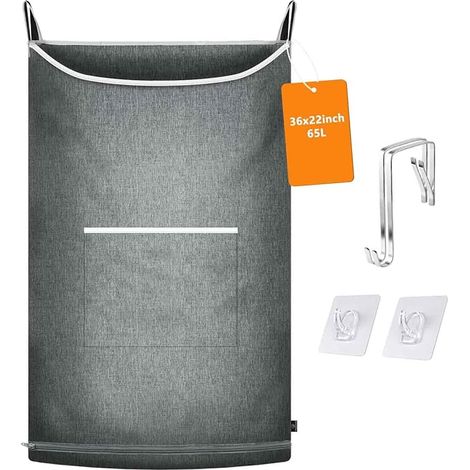 Panier à linge suspendu au-dessus du panier de porte pour ranger les vêtements sales-Économie d'espace-Pour salle de bain-Gris chiné-89 x 56 cm (1/5)
