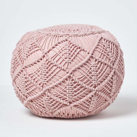 HOMESCAPES Blush Pink Crochet Knitted Pouffe 35 x 40 cm