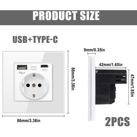 Lot de 2 prises murales avec USB et Type C, universelle, protection contre surintensité, 86 mm, blanc