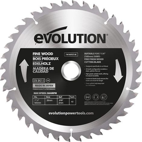 Evolution Fine Wood Mitre/Table Saw Blade 185 x 20mm x 40T EVLFW185TC40 (1/3)