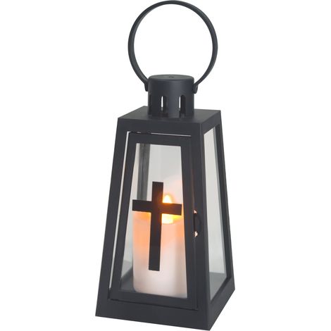 TrendLine LED-Grablaterne mit Kreuzsymbol & Timer 20 x 10 cm warmweiß schwarz