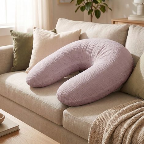 Babysom - Coussin de Maternité 3 en 1 : Grossesse, Allaitement & Repos - Housse Double Gaze Coton - Design Chic Rose Pâle- 170cm