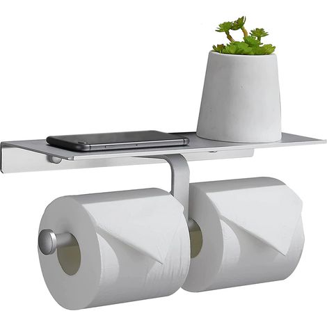 Distributeur de papier double rouleau avec étagère, adhésif, sans perçage ni fixation murale par vis (1/5)