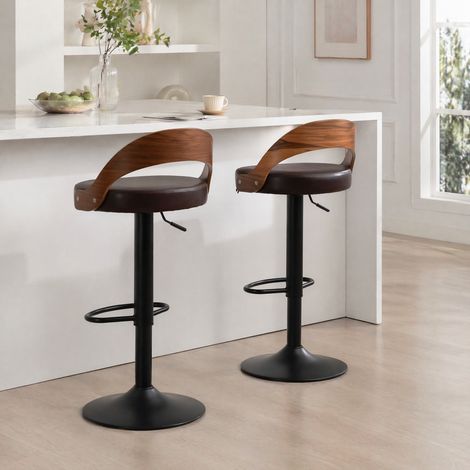 Lote de 2 taburetes de bar giratorios 360° con respaldo, altura regulable, PU marrón, 98 cm (1/5)