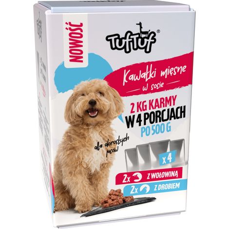 Cibo umido per cani TufTuf, gusto manzo e pollame, bustina da 4 x 500 g con pezzetti di carne. (1/2)