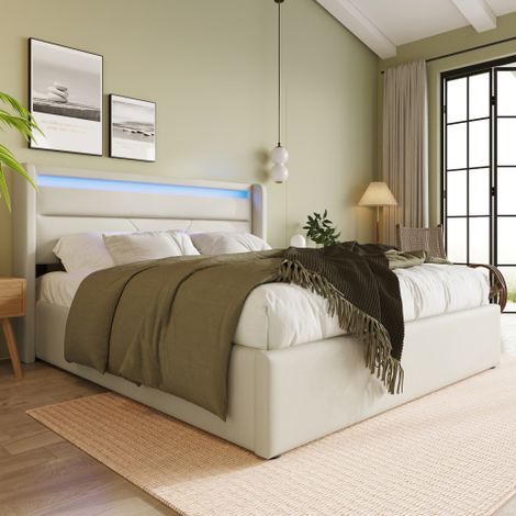 MINKUROW Letto Contenitore Idraulico con Striscia Luminosa a Led, Giroletto Matrimoniale, Letto Imbottito 140x200cm, Letto Funzionale, Bianco (Con Telecomando) (1/5)