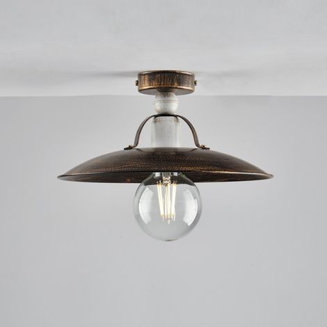 Plafonnier industriel en fer blanc marron doré une lumière 30x h14 cm