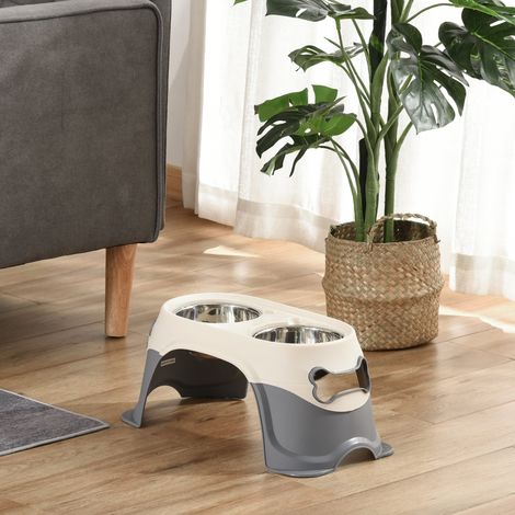 Lot élevé double gamelle chien acier inoxydable et plastique, bols antidérapants avec pieds, 47x25x20cm, blanc et gris (1/5)
