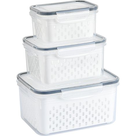3er-Set luftdichte Aufbewahrungsbehälter mit Siebeinsatz – JINFGERNE – Ideal für Obst, Gemüse und Fleisch, verlängert die Frische und sorgt für Ordnung im Kühlschrank. (1/5)