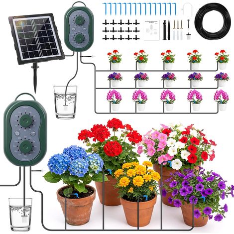 Arrosage Goutte a Goutte Solaire, Kit D'irrigation Automatique Solaire 3W, Arrosage Système Automatique avec Minuterie Intégrée pour 15 Pots pour Intérieur et Exterieur Balcon Jardin Plante (1/5)