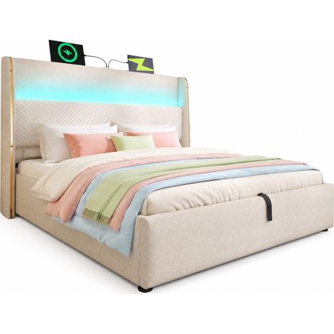 Lit coffre 180x200 cm avec tête de lit haute, LED, rangement hydraulique et ports USB/Type-C, beige en tissu, sans matelas, pour chambre moderne CHICFURN (1/5)