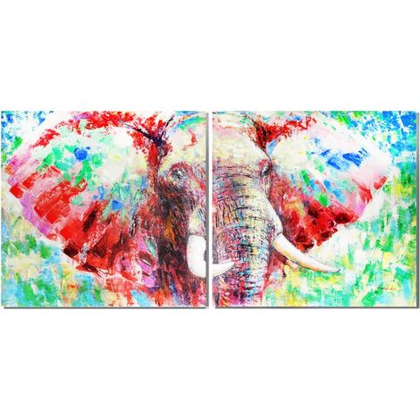 Diptyque tableaux peinture éléphant 80 x 80 cm coloré - SAUVAGE (1/3)