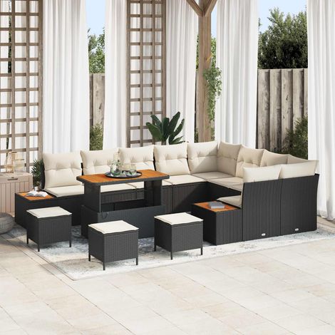 Salon de Jardin 13 pcs Canapé en Résine Tressée et Acier avec Table Réglable Noir et Crème - PANGIVO (1/5)